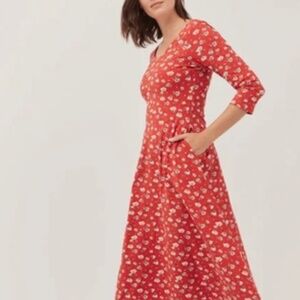 PACT Organic Cotton Brush Floral Red 3/4 Sleeve‎ Side Pockets midi dress Size S